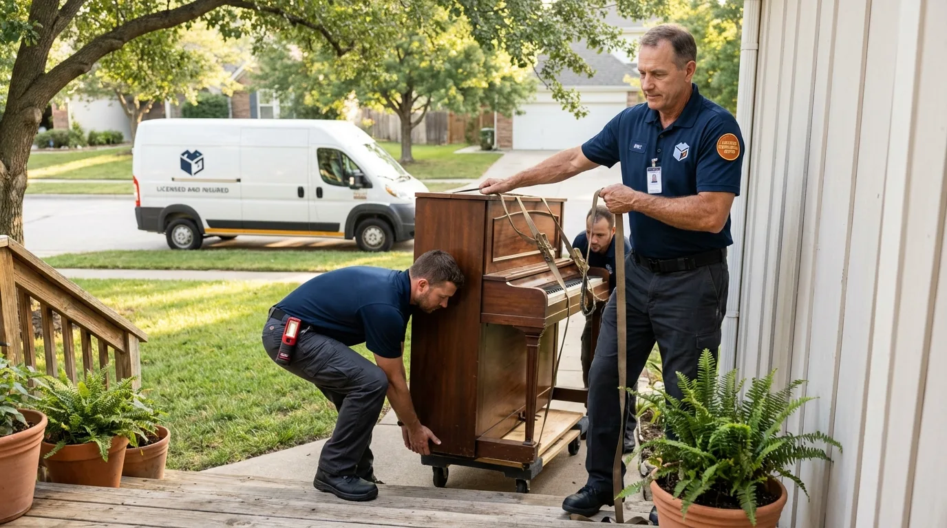 Licensed piano movers securing grand piano in Ashland, IL