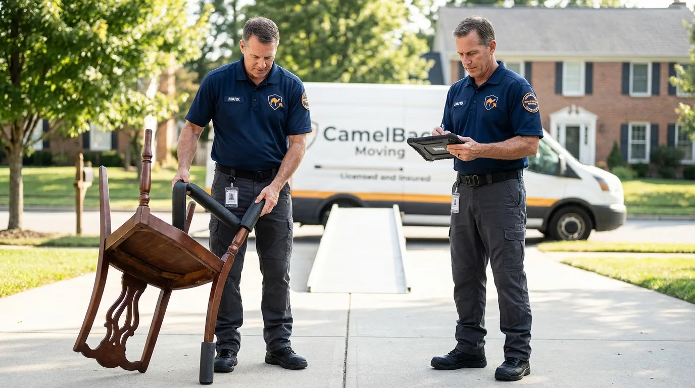 Movers inspecting furniture for damage prevention before loading in Ashland, IL