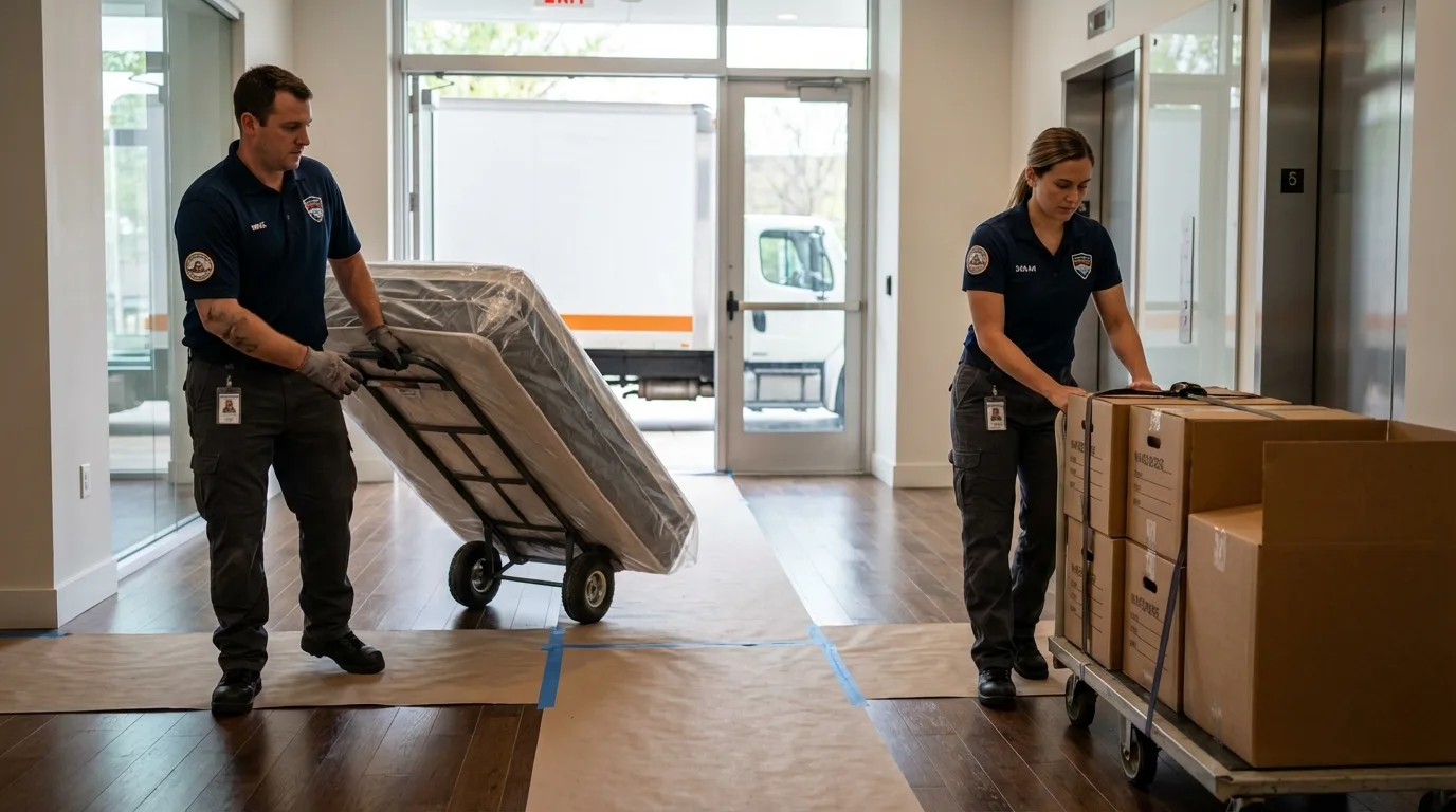 Professional apartment movers loading elevator in Ashland, IL